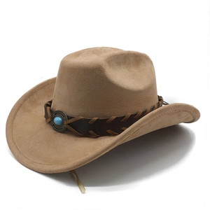 Classic khaki suede cowboy hat with woven leather band and blue stone ornament