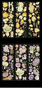 Macro detail of floral PET stickers with gold foil sunflower and butterfly motifs