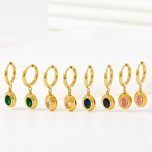 Stainless Steel Gold Plated Hoop Earrings With Oval Gemstone Pendant Retro Elegant Jewelry For Women
