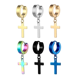 Classic stainless steel huggie hoop earrings with cross pendants in six assorted colors
