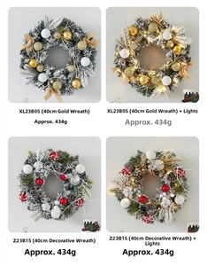 Detail of 40cm Christmas wreath with pine cones, golden bows, and LED lights variants