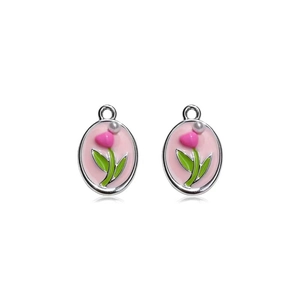 Pink enamel oval tulip pendant with white pearl accent in polished silver frame