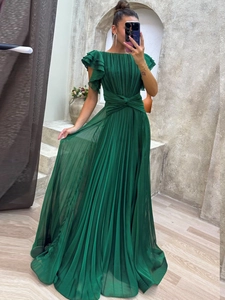 Elegant deep green pleated maxi evening dress with ruffle sleeves and waist knot detail