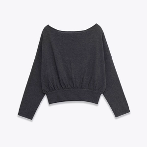 Detailed flat lay of a charcoal grey boat neck knit sweater with ribbed hem and batwing sleeves