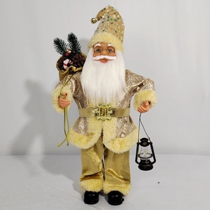 Standing Santa Claus doll in gold and beige with sequins, lantern and gift bag detail