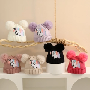 Kinder Strickmütze Beanie Mit Einhorn Stickerei Und Doppelten Pompons Winter Warm Outdoor Mädchen Acryl Kopfbedeckung