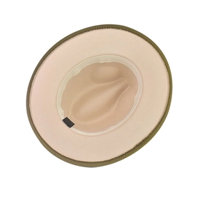Close-up detail of gradient felt hat interior with beige lining and black woven label