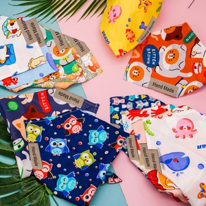 Handmade cartoon pet bandanas with cat and owl prints for small dogs and cats