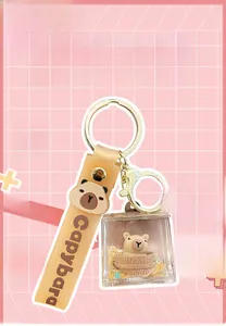 Detail of Capybara oil bottle keychain with silicone wristband and golden metal clasp