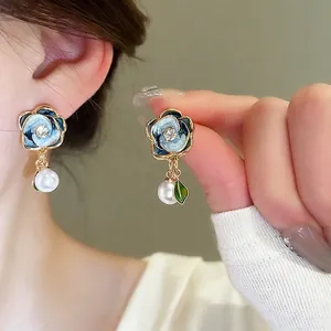 Blue Enamel Flower Drop Earrings With 925 Sterling Silver Earring Post Alloy Rhinestone Artificial Pearl Vintage Style For Women