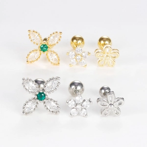 Set of zircon flower ear studs with screw ball backs in gold and silver stainless steel