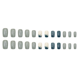 Blue and grey press-on nail set with marble textures and glitter finish, 24 pieces