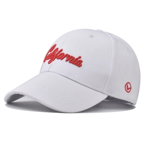 White cotton baseball cap with red California embroidery and curved brim in 45-degree view