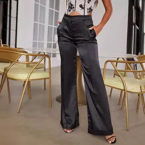 Elegant high-waisted black satin wide-leg trousers with a silky finish and wide hem design
