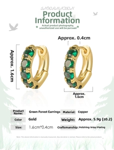 Detail view of emerald green zircon earrings in gold finish with 1.6cm size dimensions