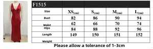 Size chart for V-neck sequin mermaid dress showing XS to L dimensions in cm