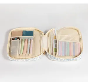 Internal view of floral quilted book bag showing large capacity with pockets and stationery