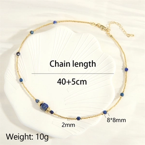 Detailed size view of lapis lazuli beaded necklace with chain length and weight info