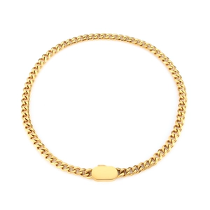 Gold stainless steel thick link chain necklace with blank rectangle tag on white backdrop