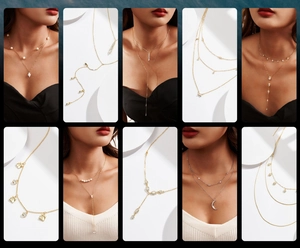 Detail view of S925 silver pearl necklaces with moon and geometric pendants