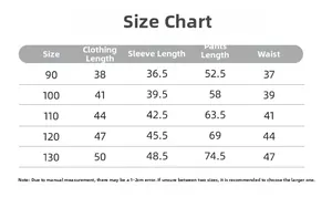 Detailed size chart for kids sweatshirt and pants set ranging from 90cm to 130cm