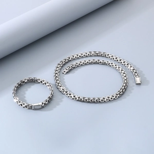 Polished 10mm stainless steel link chain necklace and bracelet set with sleek clasp