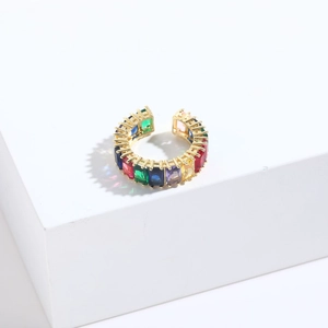14K gold plated open rainbow ring featuring colorful rectangular zircon stones on a white stand