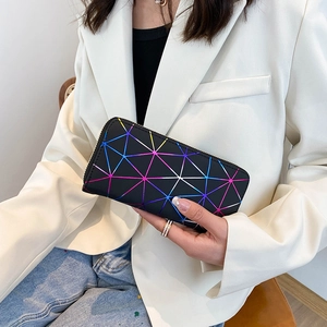 Women's long fashion wallet with colorful geometric laser triangle pattern on black matte