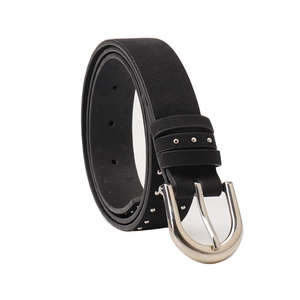 Vintage black suede leather belt with silver rivets and metal buckle for women's jeans
