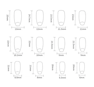 Detailed size chart for ballerina press-on nails showing 12 different dimensions in mm