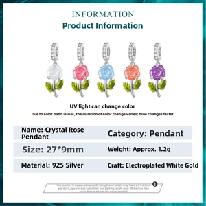 Detail of 925 sterling silver rose charm with UV light sensitive color changing effect