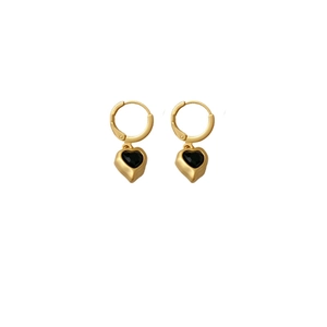 Vintage gold heart earrings with faceted black resin pendants on a white background