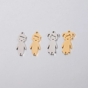 Polished 20mm stainless steel charms in boy and girl shapes with gold and silver finishes