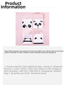 Detail view of pink panda cartoon self-adhesive plastic packaging bags 7x7cm 50pcs