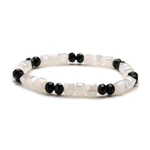 Black and white faceted crystal bead bracelet with shimmering rainbow cube beads