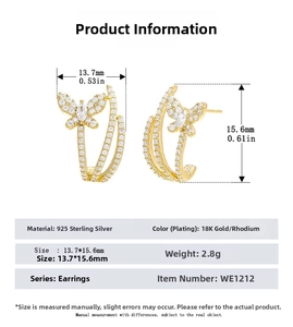 Detailed size specifications and material chart for S925 silver butterfly earrings