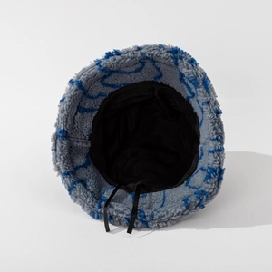 Striped fleece bucket hat in grey-blue with warm lining and adjustable inner drawstring