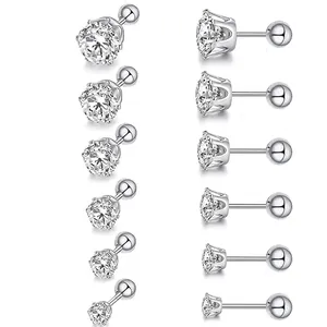 Stainless Steel Zirconia Stud Earrings Round Geometric Screw Back Piercing Jewelry Fashion Trend Unisex Ear Accessory