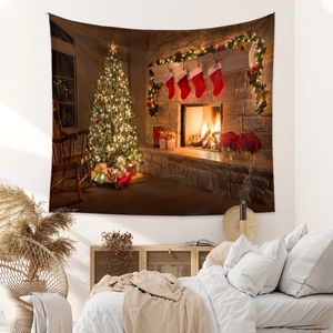 Cozy Christmas tapestry featuring a glowing tree and fireplace hanging in a modern bedroom