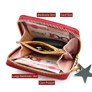 Red heart zip short wallet with multiple card slots and coin pocket in internal view
