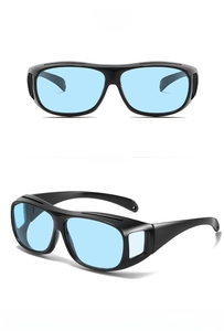 Polarized cycling sunglasses with black frame and blue lenses from front and side angles