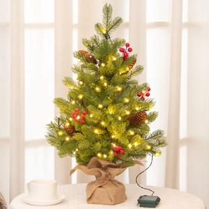 Miniature 55cm PE Christmas tree with pine cones, red berries and warm LED lights