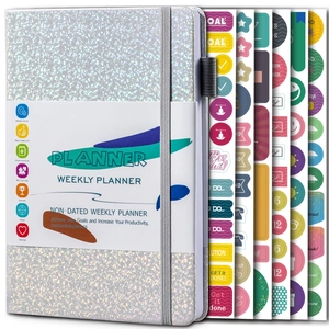 Silver glitter weekly planner with elastic strap and colorful functional sticker sheets