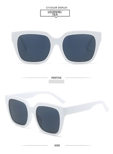 Front and side views of stylish white square frame sunglasses with dark lenses
