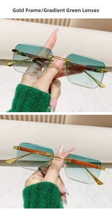 Detail view of gold metal frames and wood grain temples on gradient green sunglasses