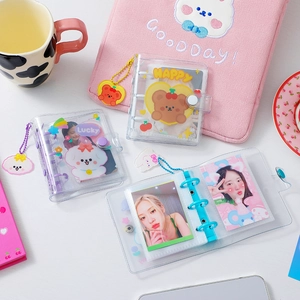 Sparkly PVC 3-ring mini binder album with cute bear pendant for idol card storage