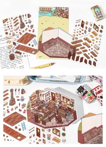 Detail of DIY cheese shop 3D scene stickers with miniature furniture and PET decals