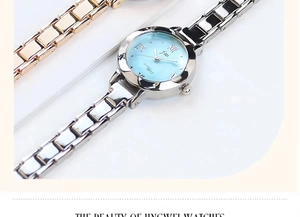 Detail of silver quartz watch with light blue dial and Roman numeral markers