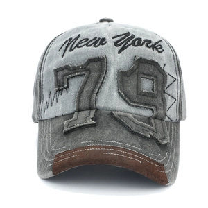 Detail of vintage denim baseball cap with 3D number 79 patch and New York embroidery