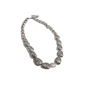 Irregular silver metal bead choker with white freshwater pearl accent for women